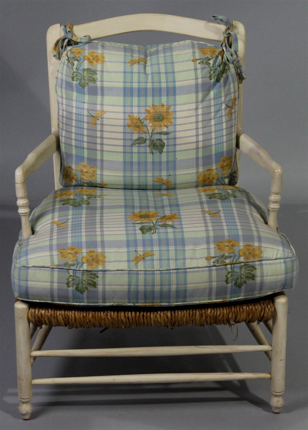 Appraisal: COUNTRY FRENCH STYLE LADDERBACK ARMCHAIR WITH RUSHED SEAT AND LOOSE