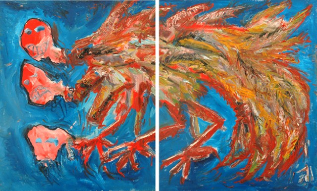 Appraisal: Deborah Halpern born Three Headed Creature diptych oil on canvas