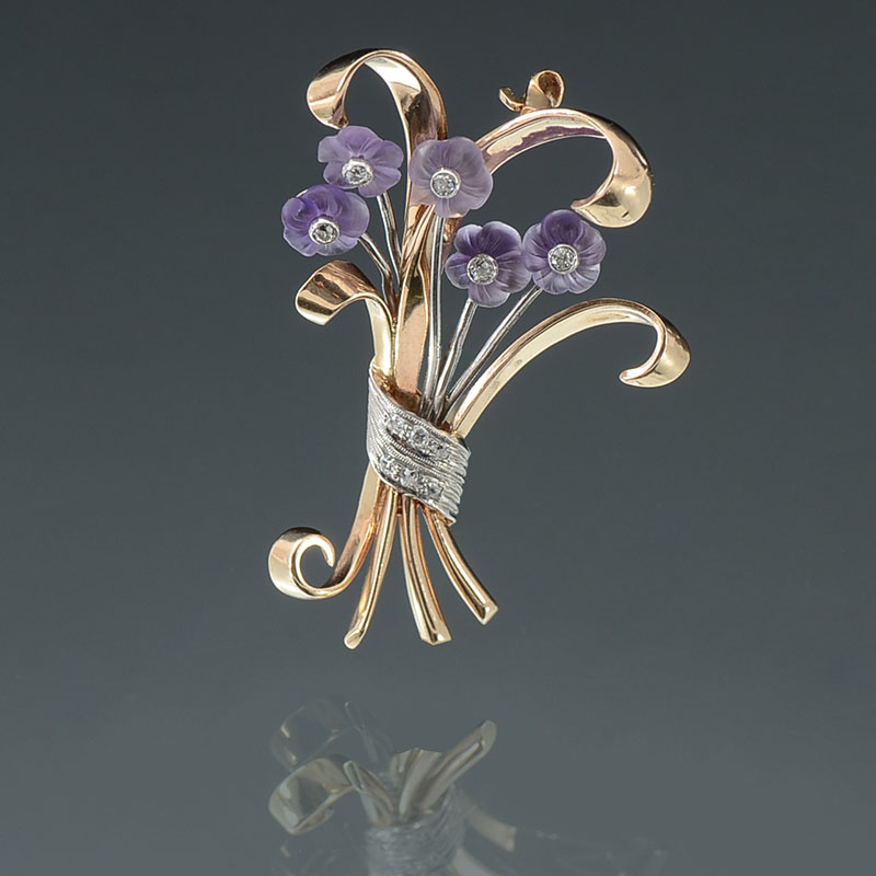 Appraisal: K ART DECO DIAMOND CARVED AMETHYST FLORAL PIN Flowers are