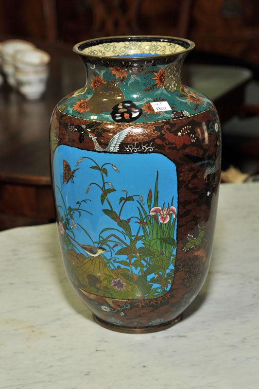 Appraisal: CLOISONNE VASE Enameled polychrome vase with bird butterfly and foliate