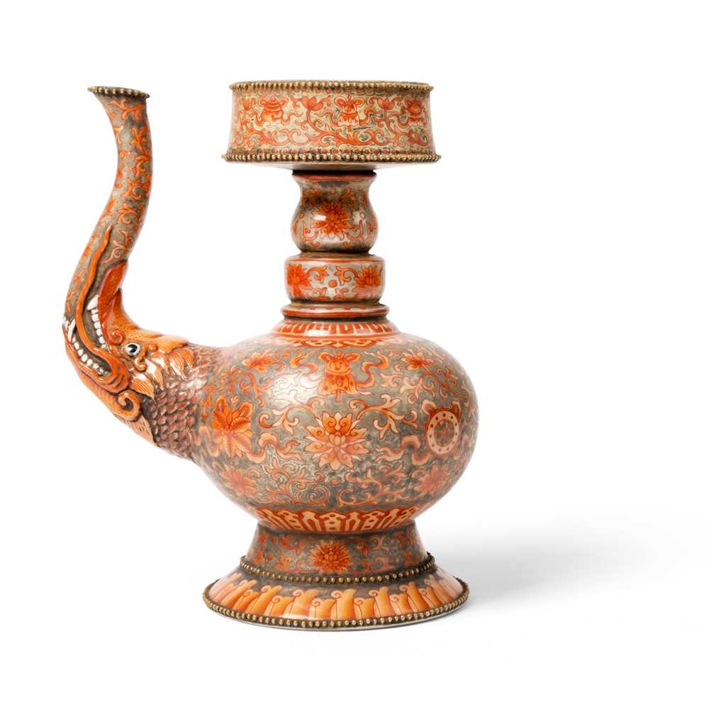 Appraisal: SILVER-GROUND IRON-RED DECORATED TIBETAN-STYLE EWER PENBA HU QING DYNASTY QIANLONG