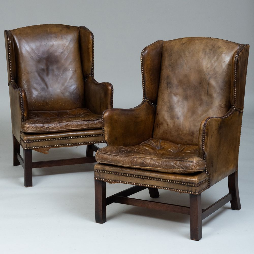 Appraisal: Pair of George III Style Mahogany and Leather Upholstered Small