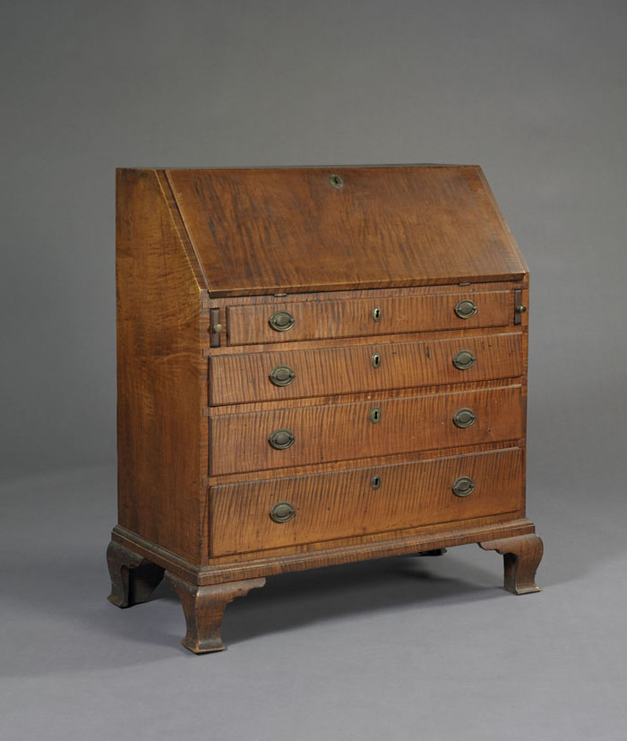 Appraisal: IMPORTANT NEW ENGLAND CHIPPENDALE TIGER MAPLE SLANT-LID DESK The sloped