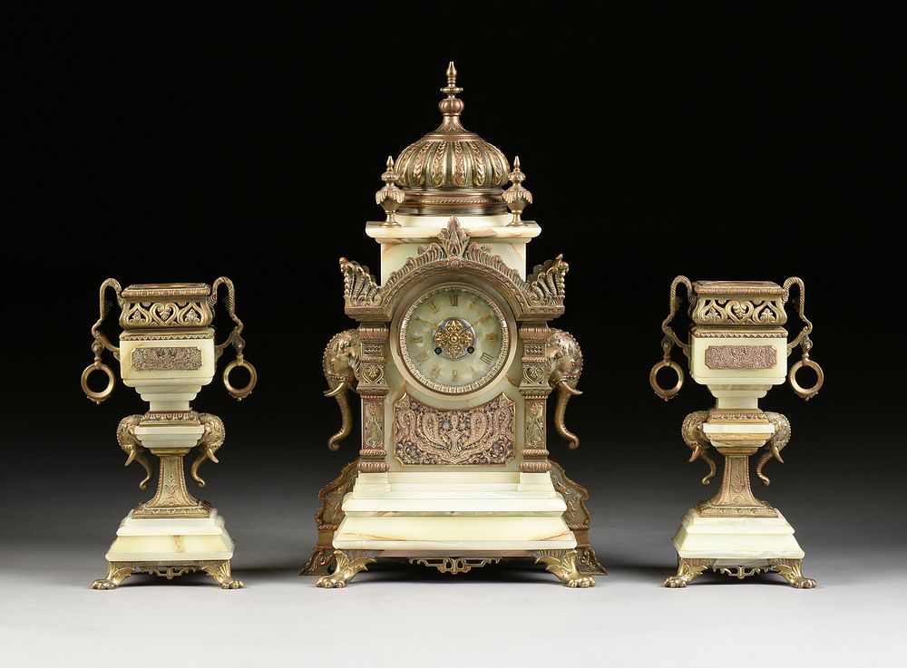 Appraisal: A THREE PIECE ORIENTALIST BRONZE MOUNTED GREEN ONYX MANTLE CLOCK