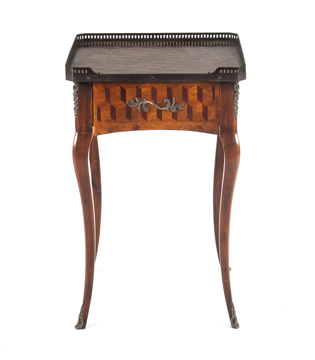 Appraisal: Louis XV style parquetry inlaid walnut stand geometric pattern parquetry