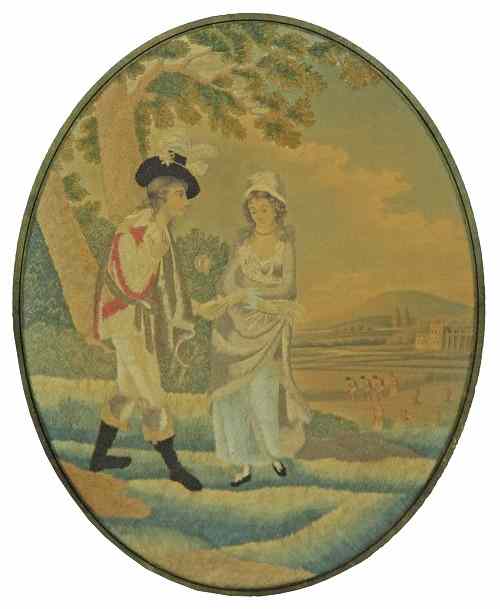 Appraisal: A late th Century needlework picture gallant with girl beside