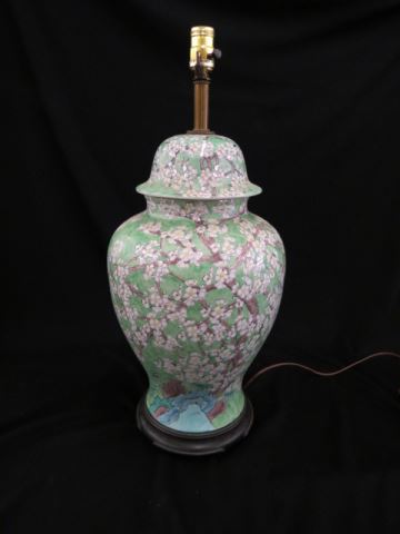 Appraisal: Chinese Porcelain Lamp temple jar style floral landscape on green