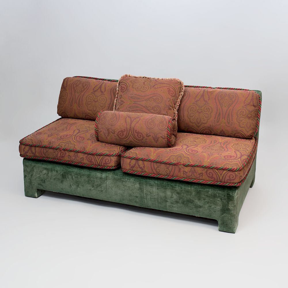 Appraisal: Green Velvet Upholstered Banquette with Paisley Pattern Cushions x x