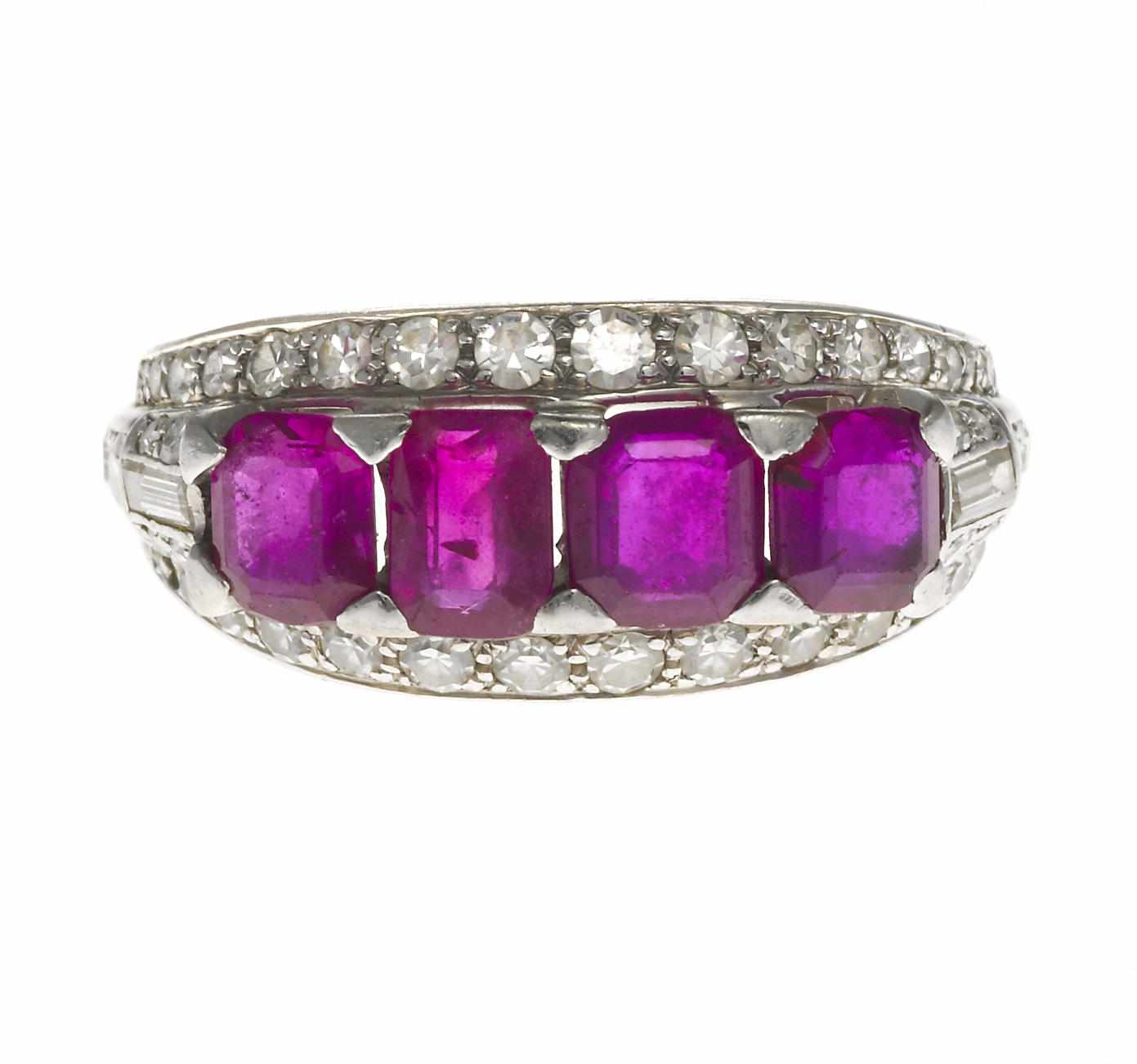 Appraisal: A pink sapphire and diamond four-stone ring estimated total cut-corner