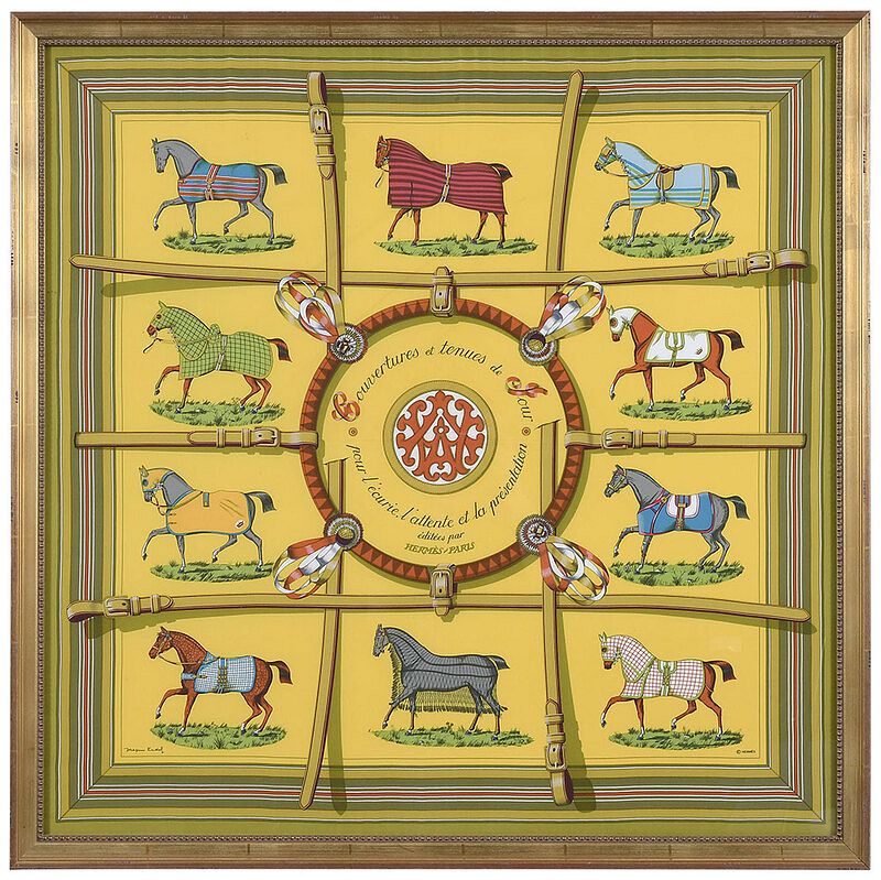 Appraisal: Framed Herm s Horse Silk Scarf Paris modern printed center