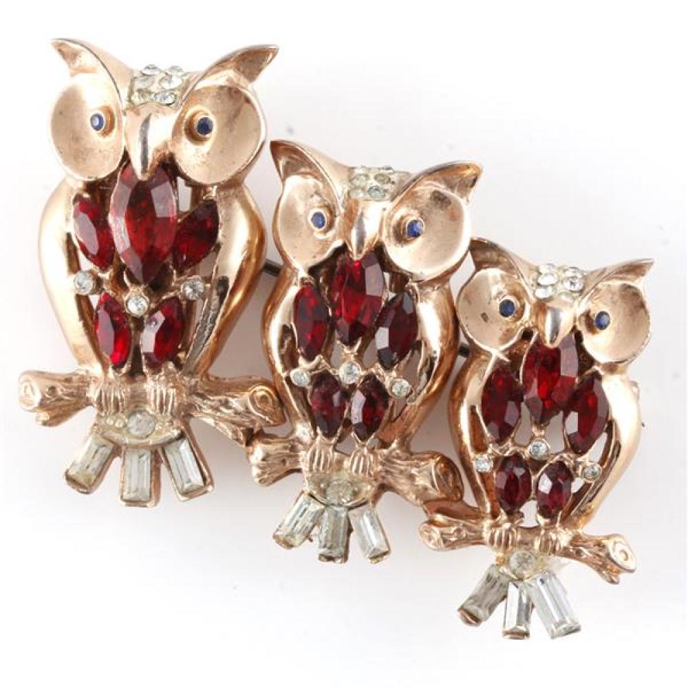 Appraisal: SIGNED COROCRAFT STERLING VERMEIL PIN CLIP BROOCH 'NIGHT OWLS' TRIQUETTE