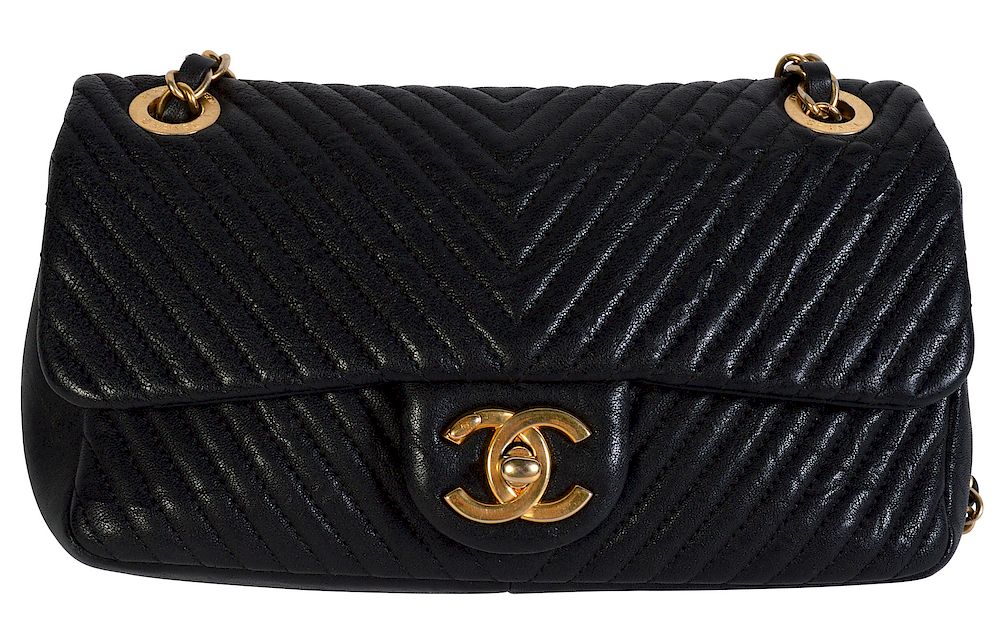 Appraisal: Black CHANEL Shoulder Bag w Chevron Stitching Chanel shoulder bag