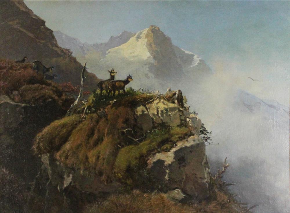 Appraisal: HERMANN HERZOG AMERICAN - LANDSCAPE WITH PYRENEAN CHAMOIS Oil on