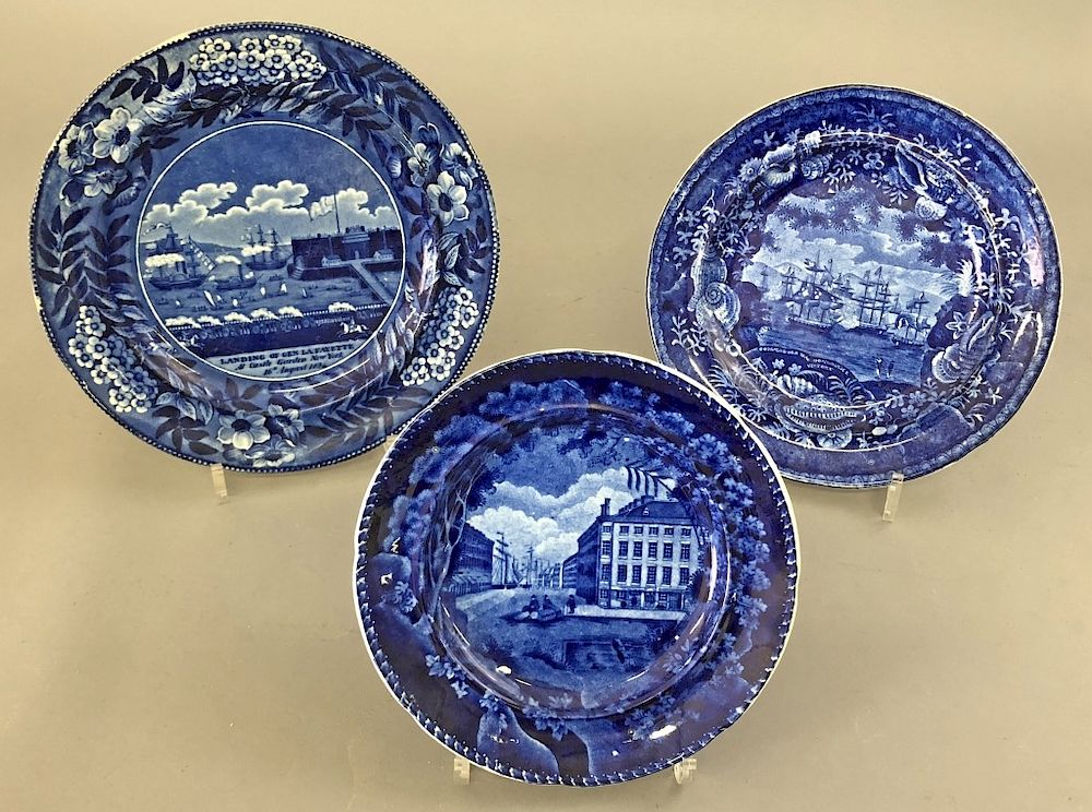 Appraisal: Three Historical Blue Plates Three historical blue plates titled Landing