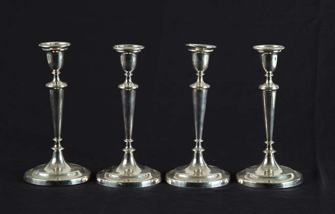 Appraisal: SET OF FOUR SILVER PLATED TALL CANDLESTICKS th Century Tapering