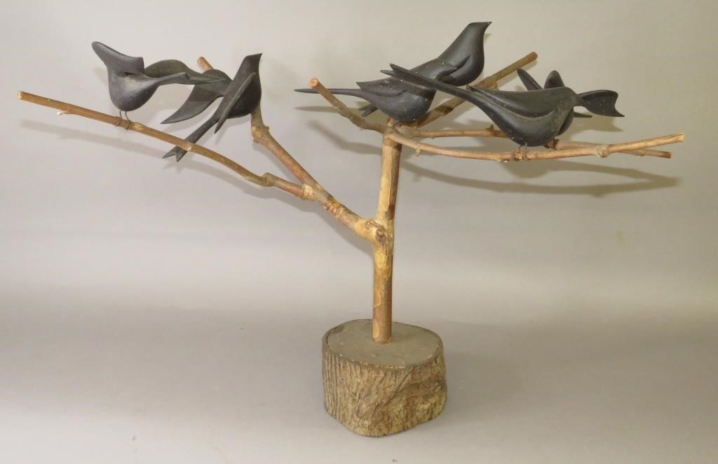 Appraisal: FOLK ART CARVED BLACK BIRD TREE BY JOHN CARLTONca rough