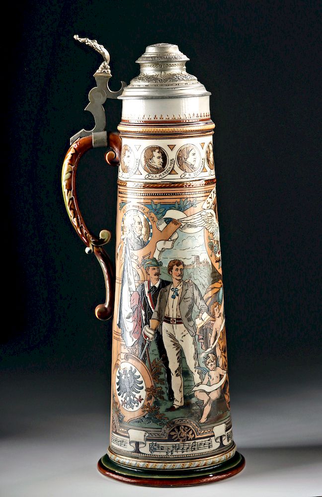 Appraisal: th C Mettlach Stoneware Pewter Stein - Tall Originally Listed