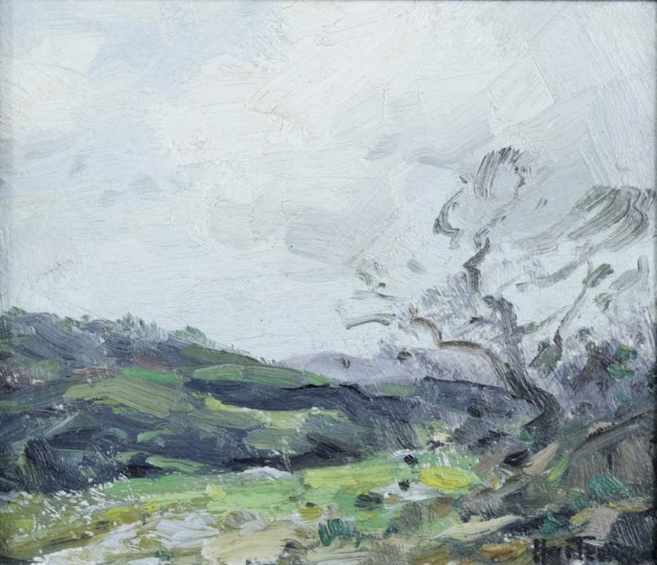 Appraisal: thc American School-Landscape Over an Open Field Oil on panel