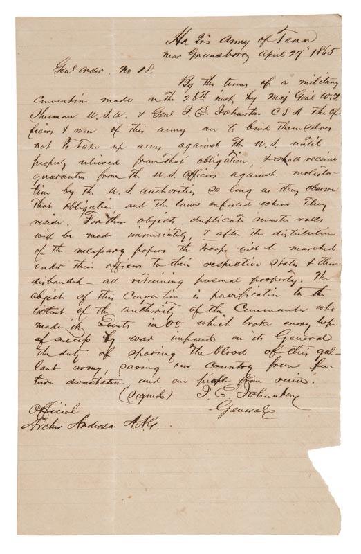 Appraisal: J E JOHNSTON - Surrender to Sherman Manuscript document titled