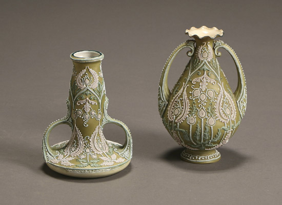 Appraisal: Two Nippon Moriage Olive-Green Ground Vases Each Unmarked First Quarter