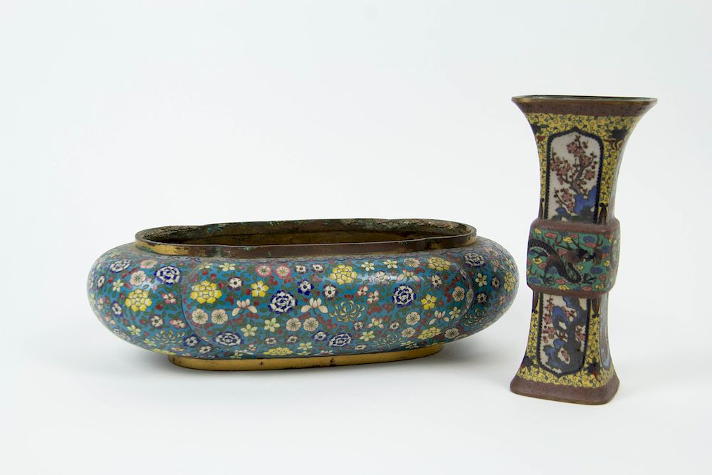 Appraisal: Cloisonne Quatrefoil Planter and Gu-Form Vase Chinese th th century