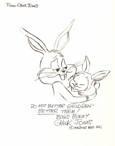 Appraisal: A Chuck Jones cartoon of Bugs Bunny cradling a baby