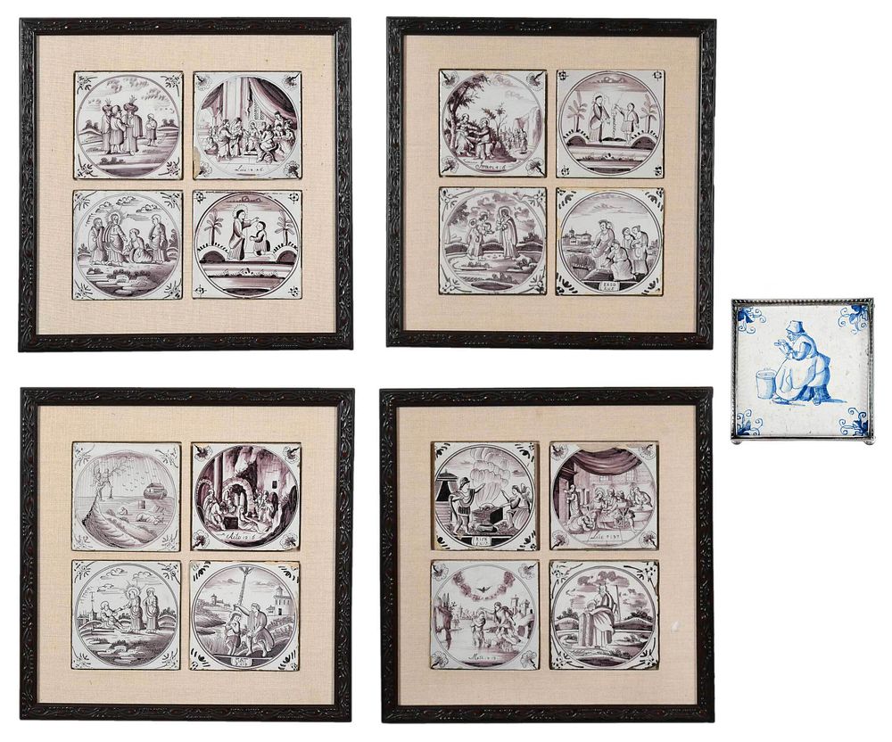 Appraisal: Framed Dutch Delft Manganese Biblical Tiles circa four framed panels