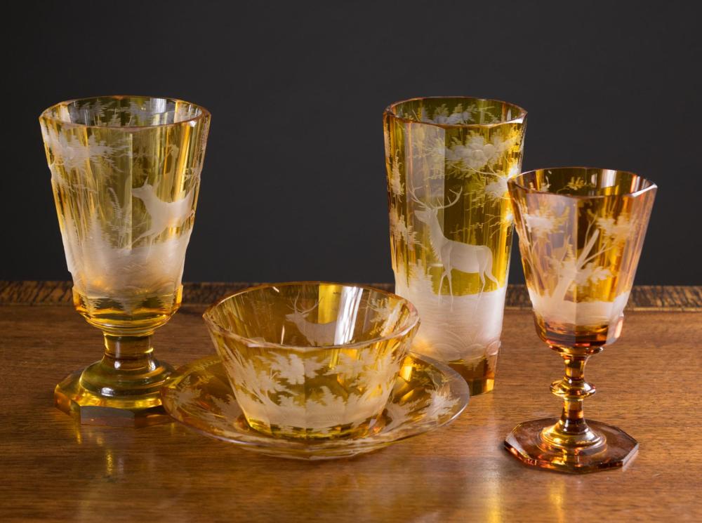 Appraisal: BOHEMIAN AMBER GLASS DRINKWARE AND TABLEWARE pieces flashed and cut