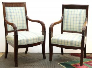 Appraisal: Pair French Empire Of mahogany with carved arm rests ending