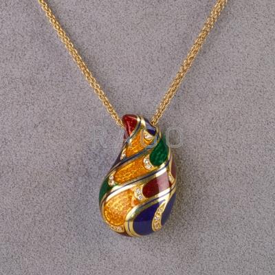 Appraisal: ENAMELED K GOLD DIAMOND PENDANT NECKLACE Jewel-toned guilloche enamel pendant