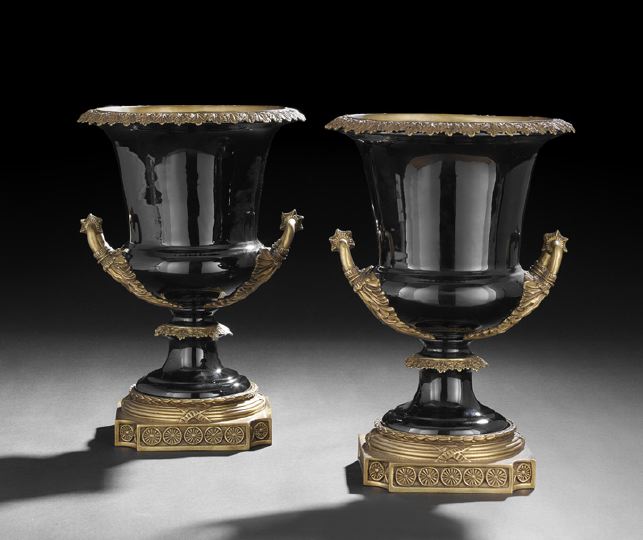 Appraisal: Pair of Gilt-Brass-Mounted Mirror-Black Porcelain Two-Handled Vases of Medici form