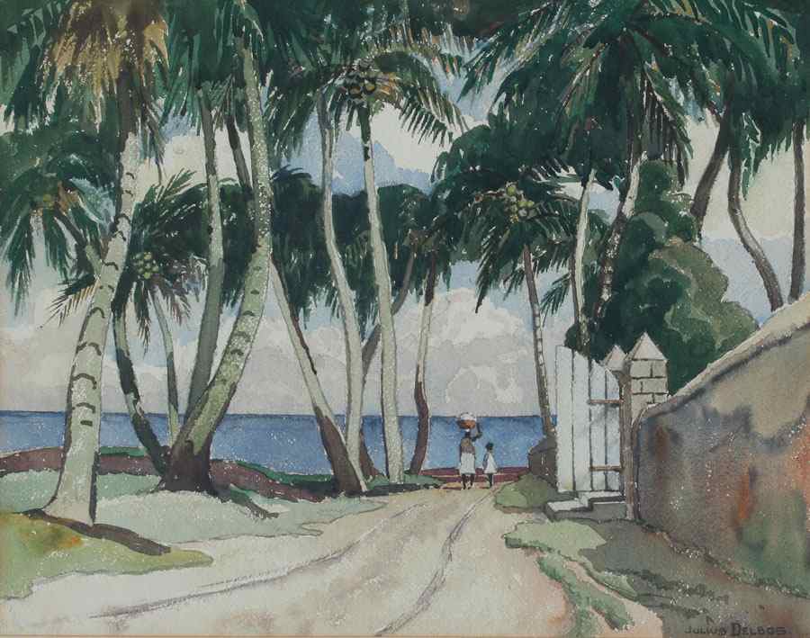 Appraisal: DELBOS Julius American - Tropical Landscape With Figures Walking Along