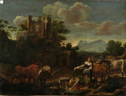 Appraisal: Continental School Landscape with Ruins and Figures Oil on canvas