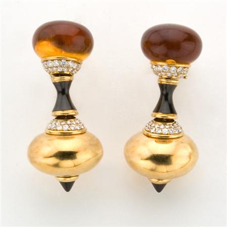 Appraisal: Pair of Gold Black Onyx Simulated Citrine and Diamond Pendant-Earclips