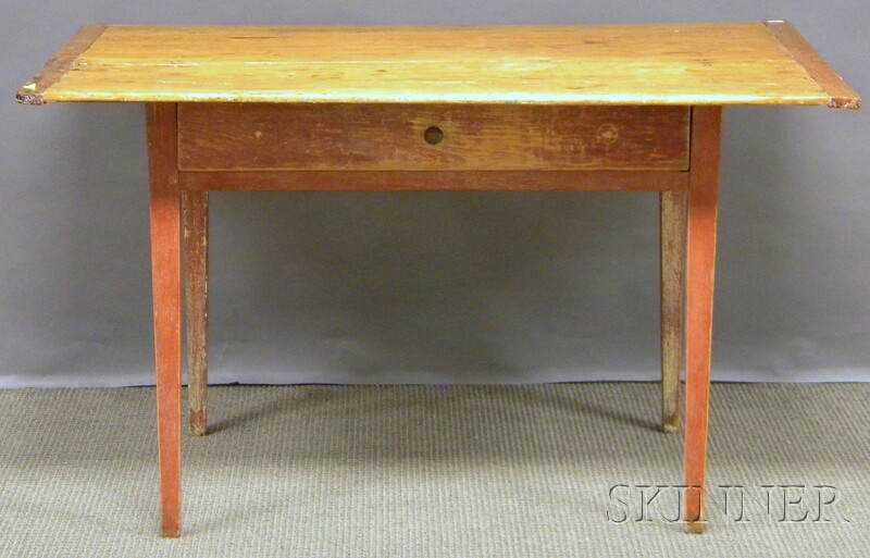 Appraisal: Scrubbed Pine Breadboard-top Red-painted Wood Tavern Table with Drawer and