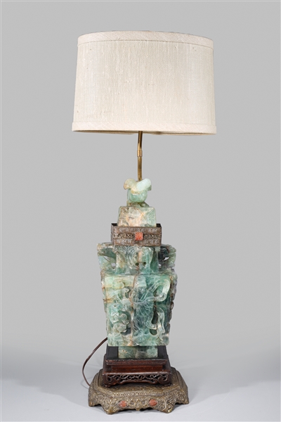 Appraisal: Large Chinese intricately carved fluorite vase mounted as lamp with