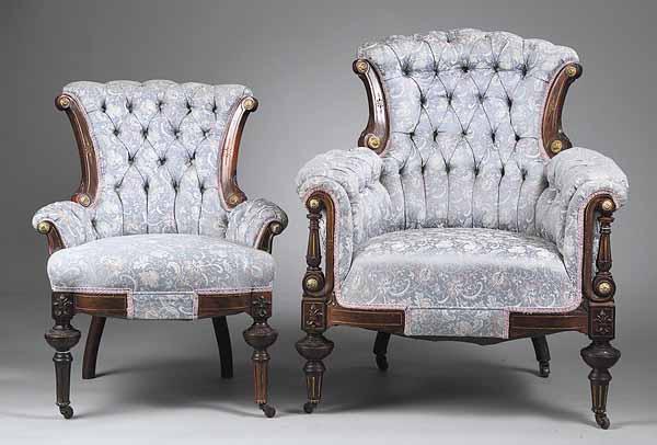 Appraisal: Two American Renaissance Gilt-Incised Rosewood and Gilt Bronze-Mounted Armchairs mid-