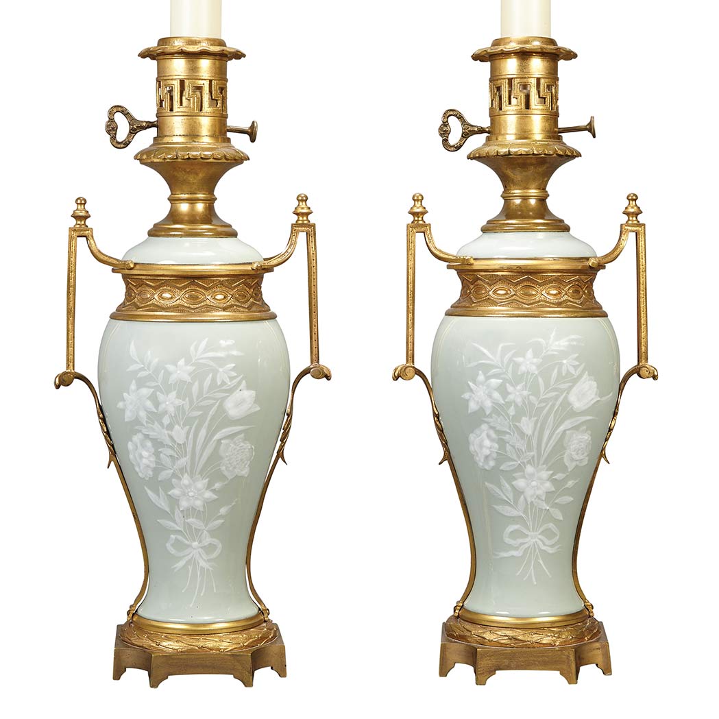 Appraisal: Pair of Louis XVI Style Gilt-Metal Mounted Celadon Glazed Pate-sur-Pate