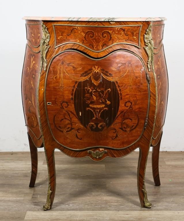 Appraisal: Louis XV style marquetry inlaid marble top commode Late th