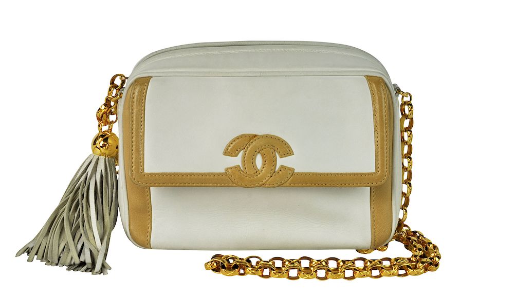 Appraisal: Small CHANEL White Lambskin Leather Bag Small Chanel bag in