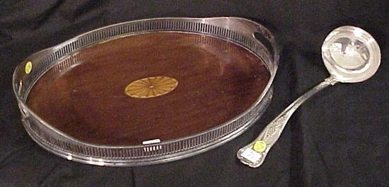 Appraisal: Silverplate oval tray with gallery mahogany center '' h x