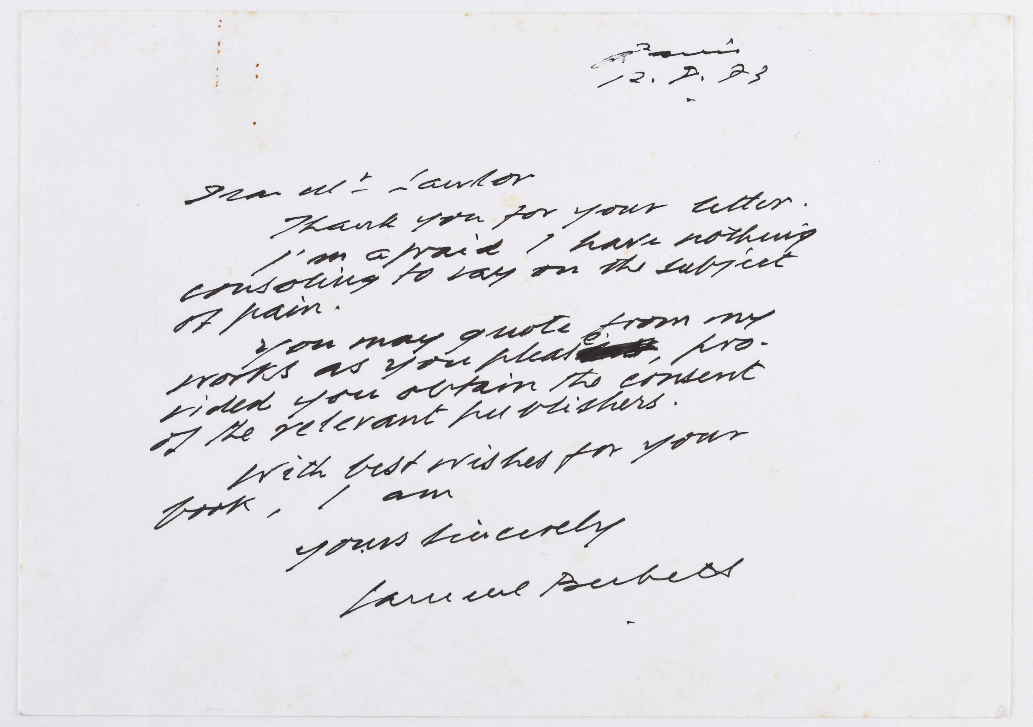 Appraisal: BECKETT SAMUEL - Autograph Letter Signed ''Samuel Beckett'' p oblong