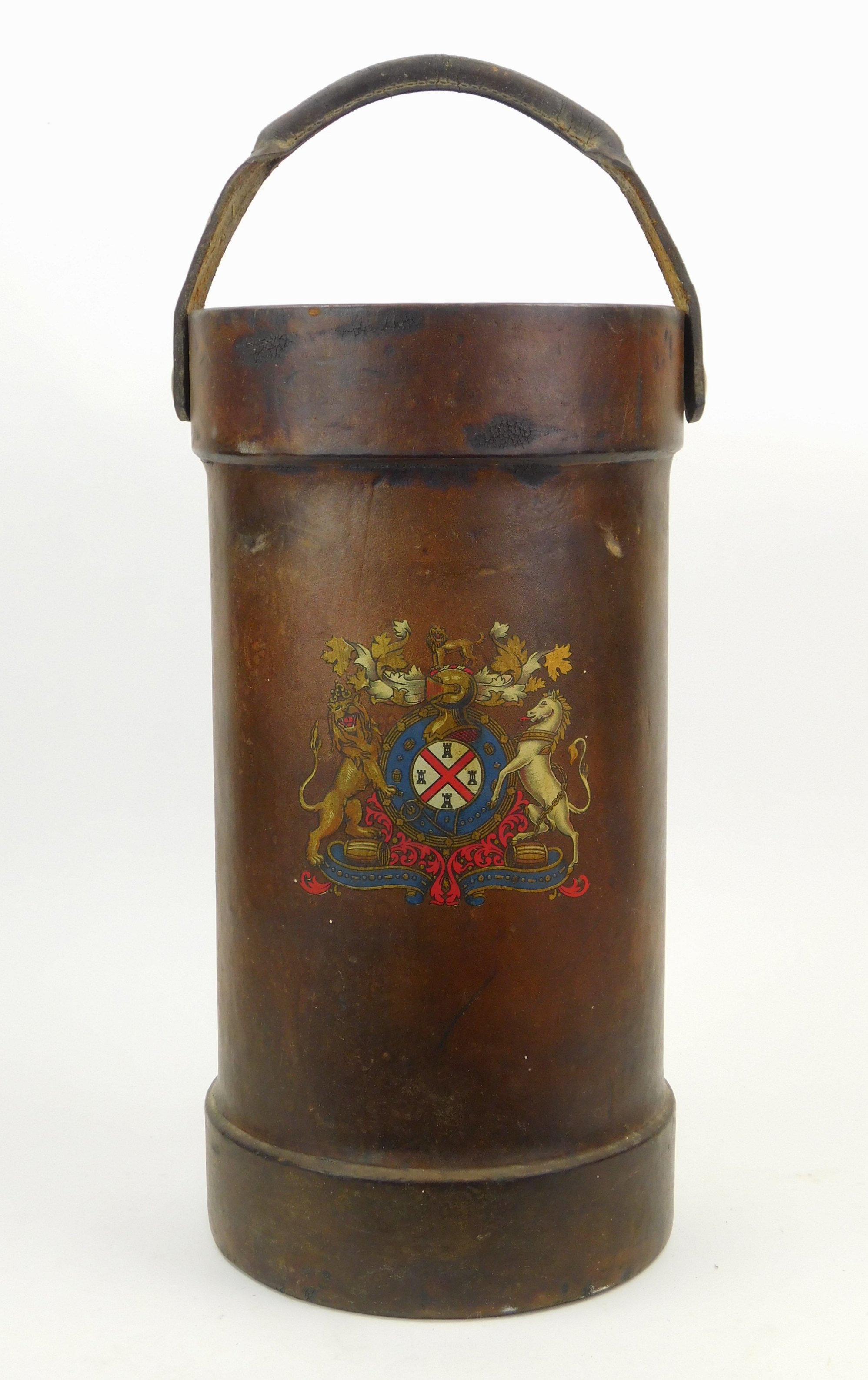 Appraisal: English leather fire bucket with brigade crest ''h