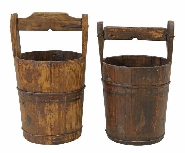 Appraisal: lot of Wood well buckets th c stave constructed with