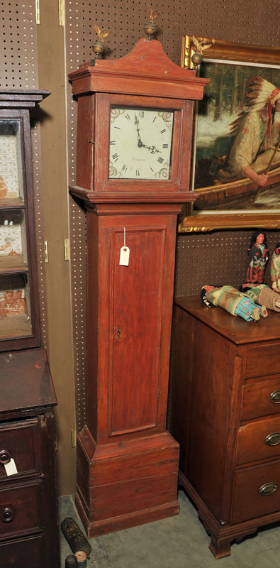 Appraisal: TALL CASE CLOCK Brass works and tin dial in a