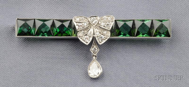 Appraisal: Art Deco Platinum Tourmaline and Diamond Brooch the line of