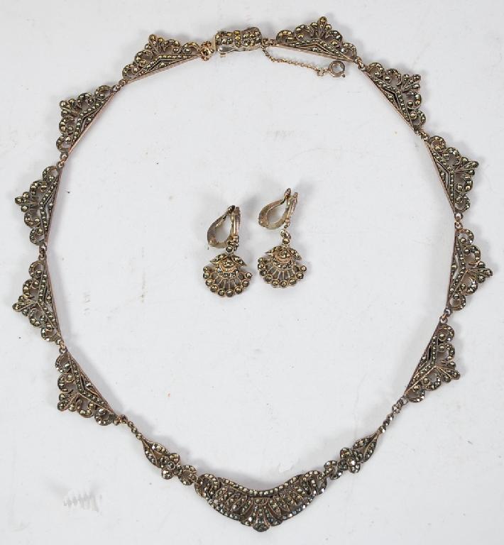 Appraisal: ART DECO CONTINENTAL SILVER AND MARCASITE NECKLACE AND A PAIR