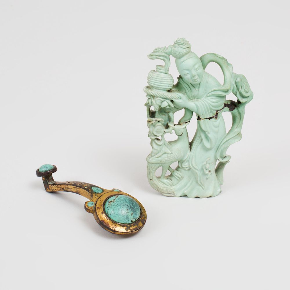 Appraisal: Turquoise Mounted Gilt-Metal Belt Hook and Turquoise Figure Group The