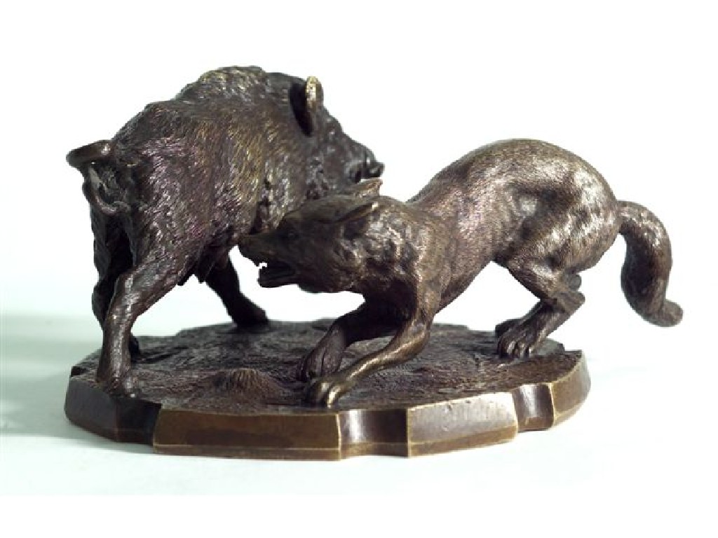 Appraisal: FRENCH SILVERED GILT AND PATINATED BRONZE GROUP OF A BOAR