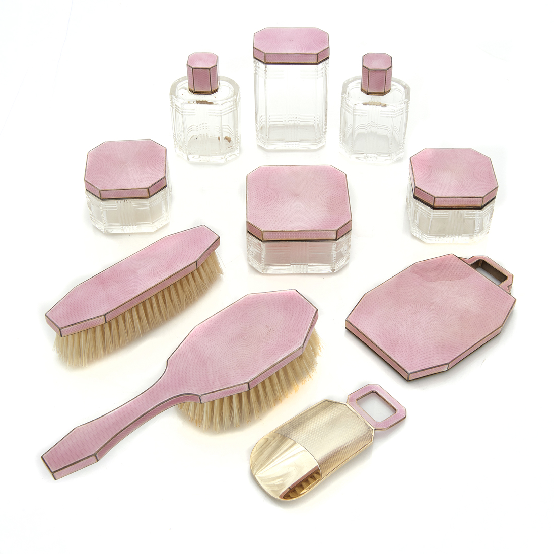 Appraisal: AN ASPREY CO PINK ENAMEL STERLING TRAVELING DRESSER SET An